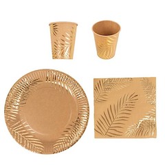 72 NATURAL Disposable Paper TABLEWARE SET GOLD Palm Leaves Print Party Events
