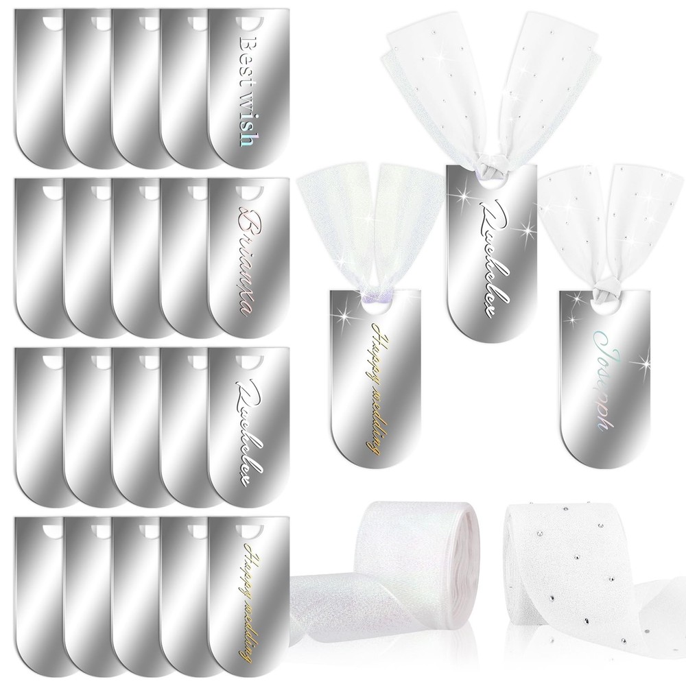 Mirror Silver Acrylic Place Cards Ribbon Wedding Name DIY Blank Tags 20 PCS