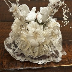 Vintage Wedding Cake Topper Acrylic Heart Birds Doves Floral Lace 9”