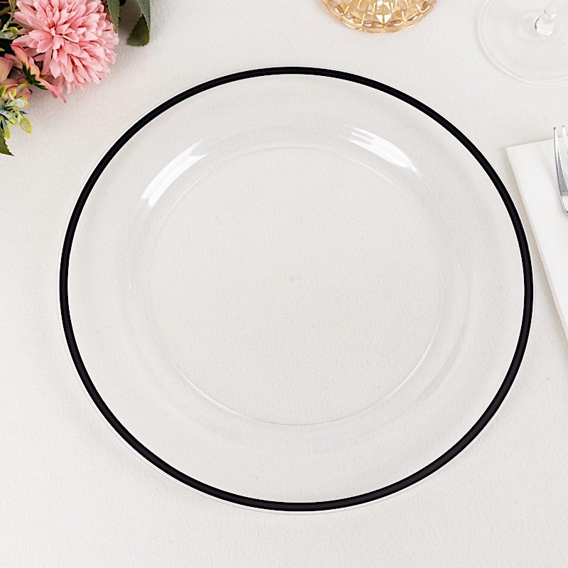 CLEAR 10 Round 10″ PLASTIC Dinner PLATES Black Rim Party Events Tableware
