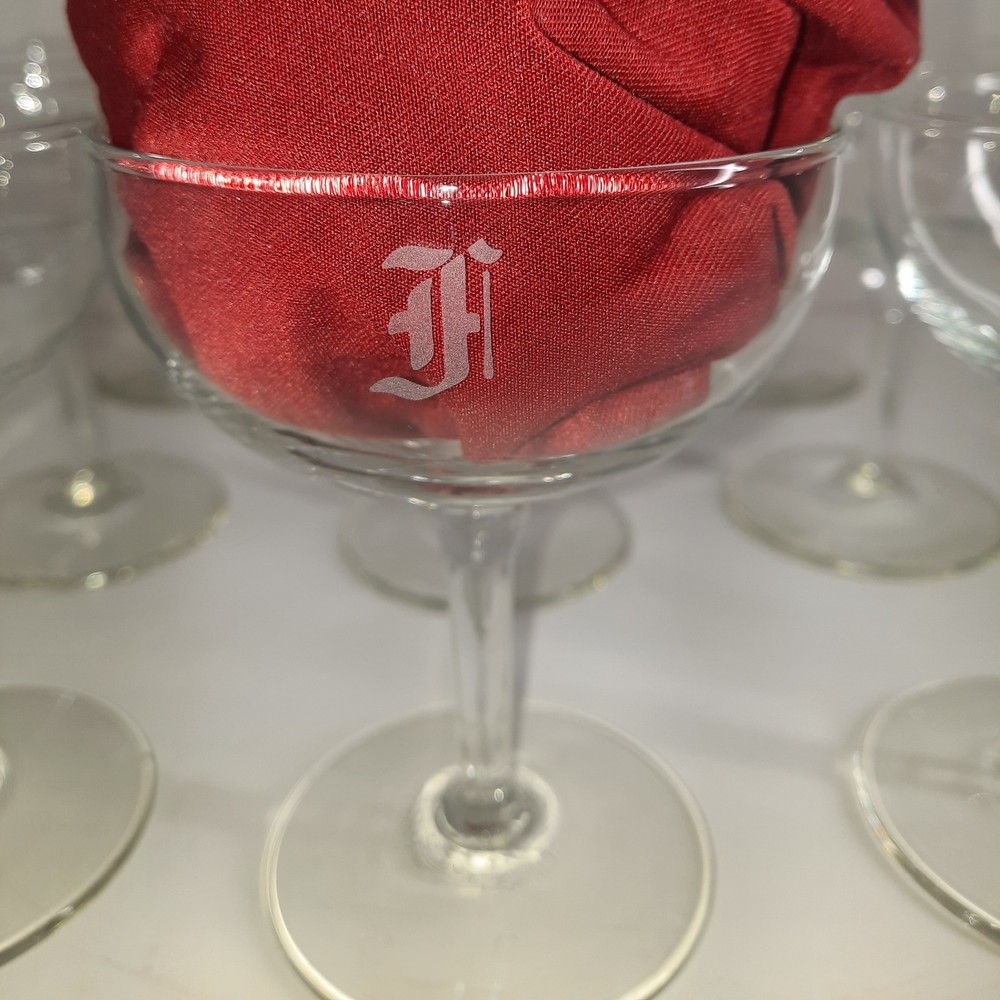 Set of Nine Letter H Monogrammed Etched small Champagne/dessert Glasses