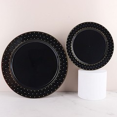 10 Black 10″ Round Plastic Salad Plates Gold 3D Dotted Rim Events Decorations