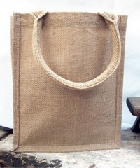 Small 9″W x 11″H x 4″D Jute / Burlap Tote Soft Handles Laminated inside cute bag