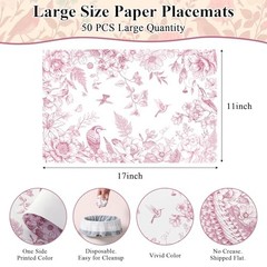 Pink Flower Bird Disposable Paper Placemats 11×17 inch, 50 PCS Flower Pink