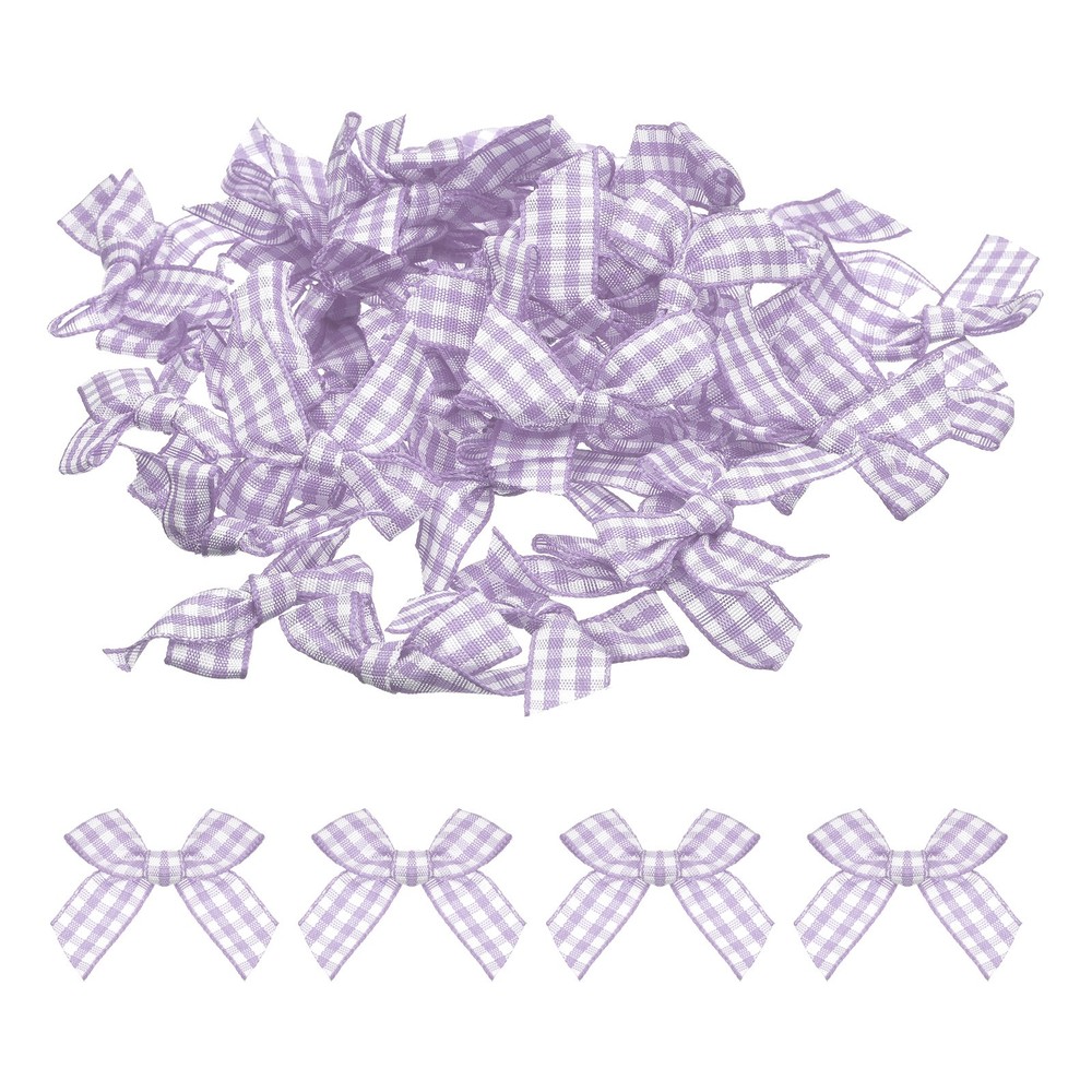 50Pcs Mini Gingham Ribbon Bow Checkered Ribbon Bows Light Purple and White