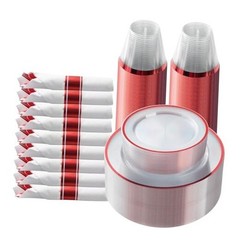 175 Piece Plastic Dinnerware Set for Party, Clear 175 Piece (25 guests) Red