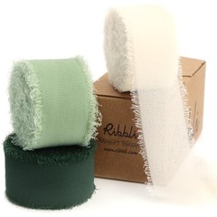 Green Ribbon 1 Inch x 3 Rolls Total 24 Yards Handmade Ivory/Sage/Forest Green