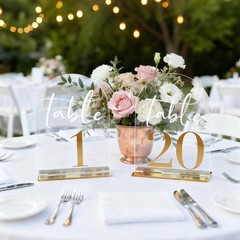 Elegant Clear Arch Table Numbers 1-20 – 5″x7″ Gold Font Centerpiece Set with Sta