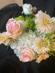 White, Pink And Champagne Pink Wedding Bouquet With Matching Boutonnière.
