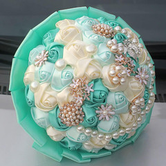 Mint Green and Ivory Bridal Wedding Bouquet with Rhinestone Brooch Pearl Bouquet