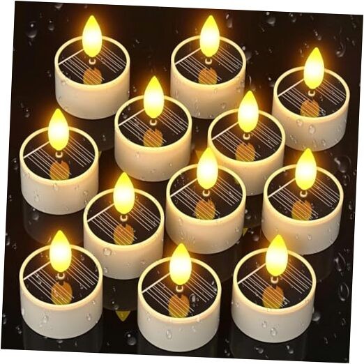 Solar Tea Lights Outdoor Waterproof, 12 pcs 1.5″ D x 2.1″ Reusable Dusk to