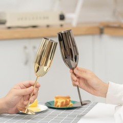Stainless Steel Champagne Flutes Set of 2-Unbreakable Metal Long Stem Gold