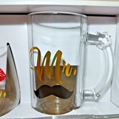 Trueliving Glass Wine 17 oz & Beer Mug 18.6 oz Combo Set Mrs. Mr. Bride Groom