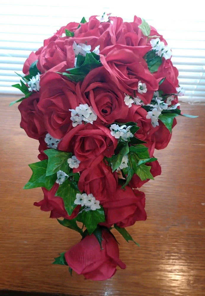 New 14″ Long Red Rose Cascade Bride Bouquet And Boutonniere- Ivy, Babies Breath