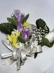 Bridal Wedding Floral Bouquet corsage and boutonniere, white roses, purple