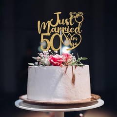 Just Married 50 Years Ago Cake Topper, 50th 5.9″ x 4.8″, Gold Glitter