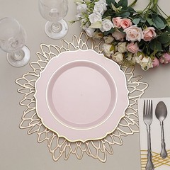 20 BLUSH 10.5″ Round Plastic Dinner Plates GOLD Scalloped Rim Events