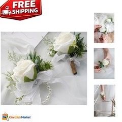Handcrafted Ivory Rose Wrist Corsage with Boutonniere for Special Occasions
