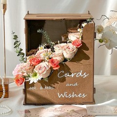 Wooden Wedding Card Box with Wave Flower Trough, Rustic Brown Wedding Card Bo…