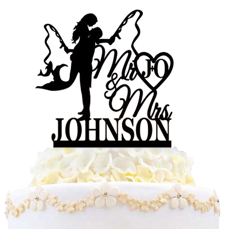 Personalized Fishing Wedding Cake Toppers Initials Mermaid Bride Groom Toppers