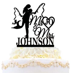Personalized Fishing Wedding Cake Toppers Initials Mermaid Bride Groom Toppers