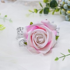 Rose Corsage Wristlet Band and Boutonniere Set, Pink Flowers