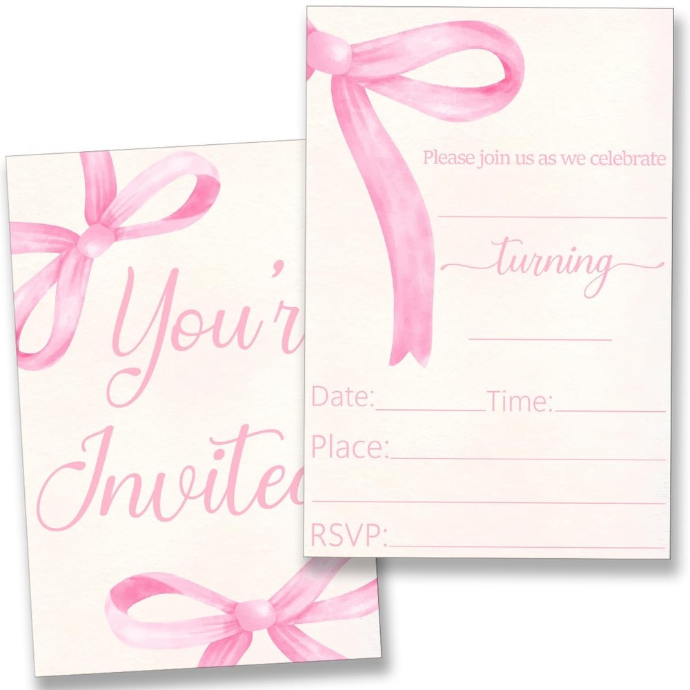 YLKJSTYS Pink Bow Birthday Party Invitations, 4 inches by 6 inches, YOU