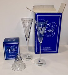 Forever Dove/ Hearts Etched Champagne Flutes Pair with Matching Bell Ornament