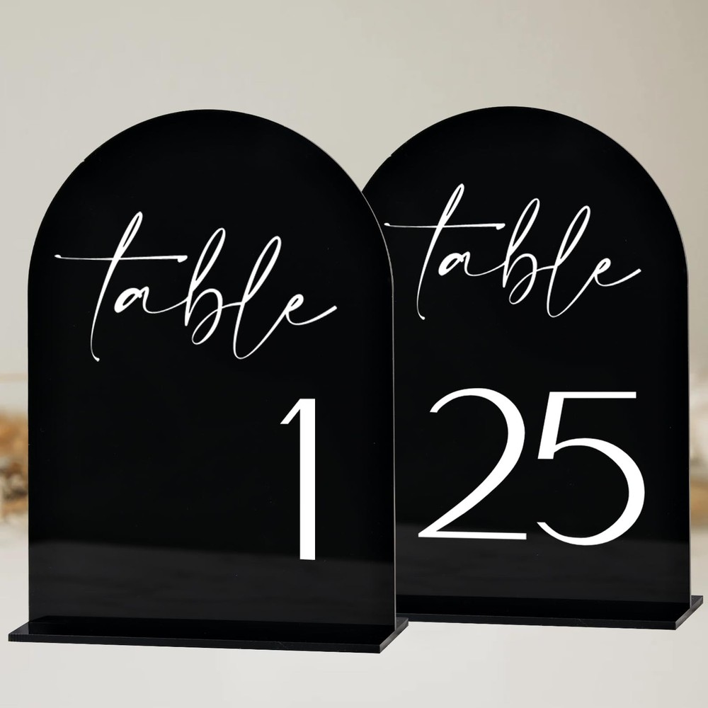 Black Arch Acrylic Table Numbers 1-25, 5×7″ with Stands, Minimalist Style, Bl…