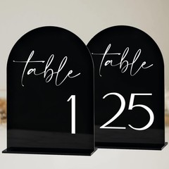 Black Arch Acrylic Table Numbers 1-25, 5×7″ with Stands, Minimalist Style, Bl…