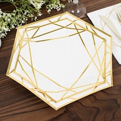 25 White 9″ Hexagon Paper Salad Dinner Plates Gold Trim Tableware