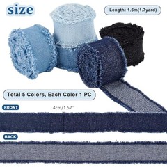 8.5 Yds x 1-5/8 inch 5 Colors Denim Ribbon, Rustic Frayed Fringes Fabric