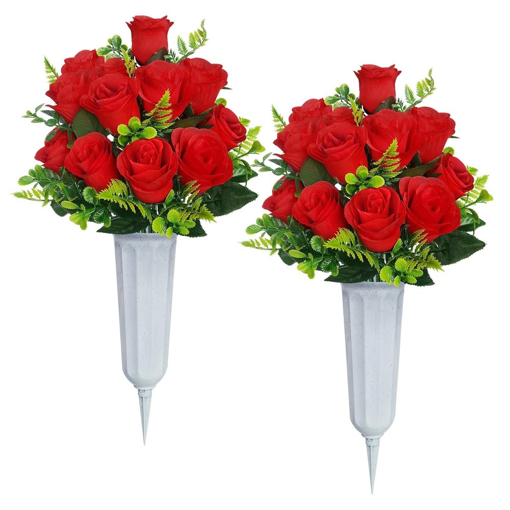 Wcro Artificial Cemetery Flowers,2 Sets Rose Flowers with Red