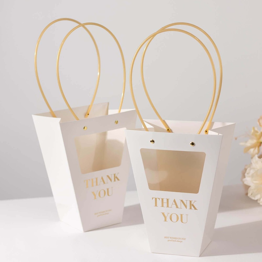 6 CLEAR WHITE Window Paper Flower GIFT BAGS Handles Party Events Decorations