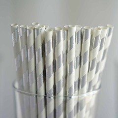 150 pcs 8″ White and Silver Biodegradable Striped Paper Straws Light Gray Party