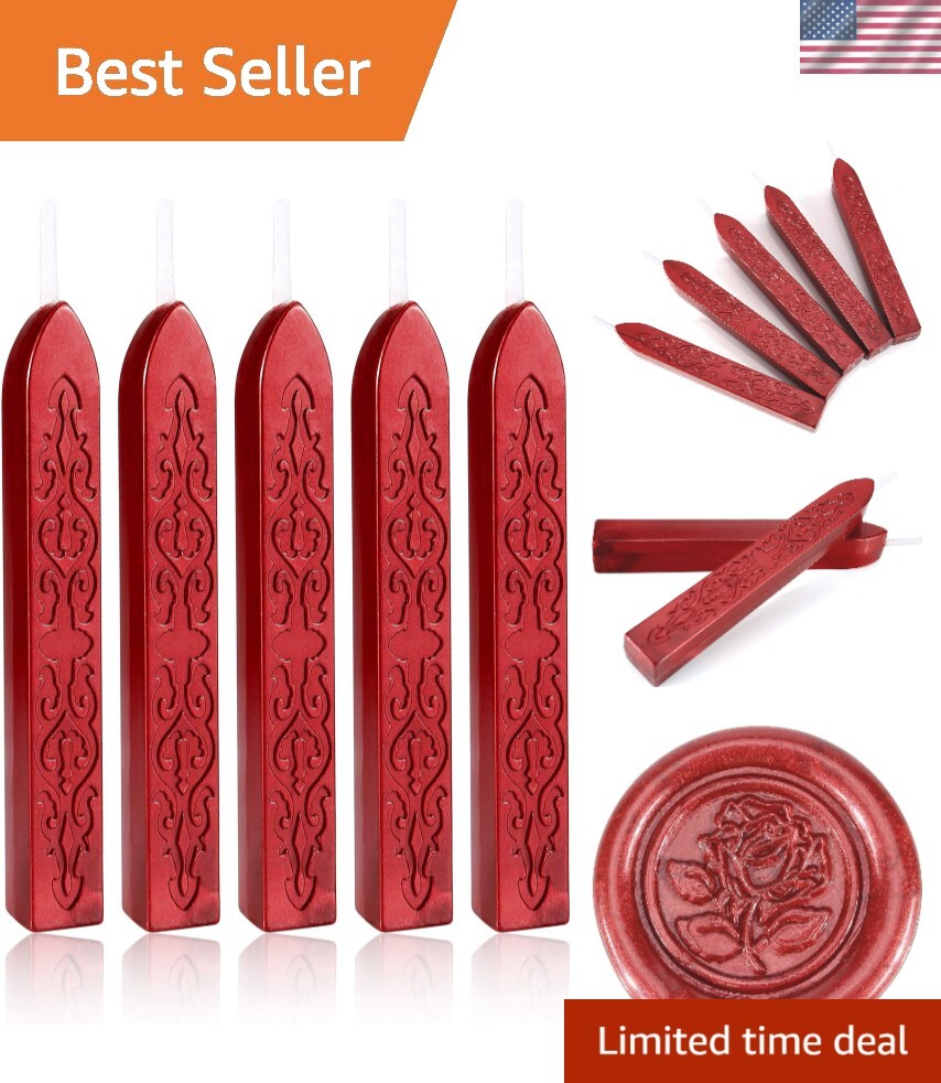 5 Metallic Red Sealing Wax Sticks with Wicks for Elegant Invitations & Gifts