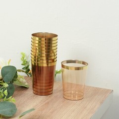 8 oz Plastic AMBER GOLD with GOLD Rim CUPS Disposable Tableware Party Wedding