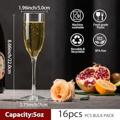 16 count Acrylic Champagne Flutes, 5 Oz Unbreakable Goblet Glasses Transparent