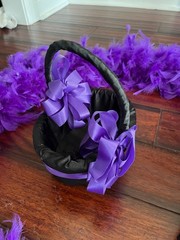 BLACK & PURPLE RING BEARER PILLOW & FLOWER GIRL BASKET w/ 2 PURPLE FEATHER BOAS