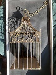 Gold Finish Metal Heart Bird Cage+Adj Hanging Chain Wedding Card Holder Planter