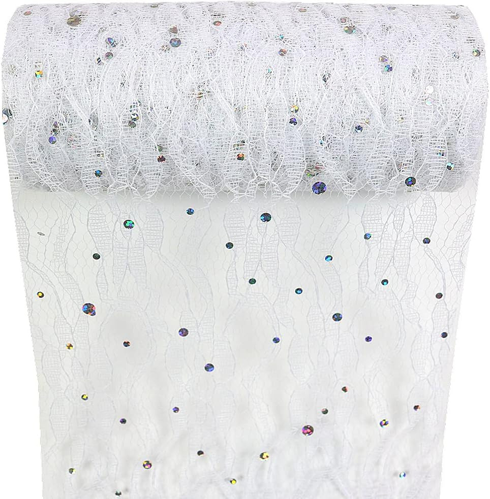 Lace Sequin Glitter Tulle Rolls 6 Inch X 10 Yards (30 Feet) White for Table Runn