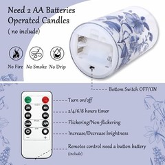 Flameless Candles Glass with Remote Control & Timer Blue and White Porcelain