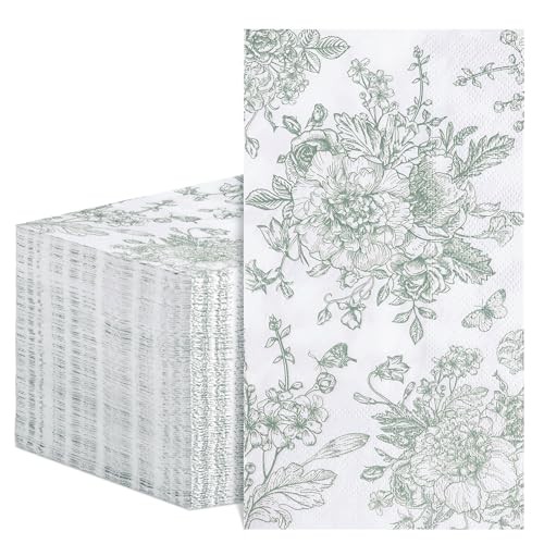 100 Pcs Floral Napkins, Disposable Decorative Bathroom Napkins Sage Green