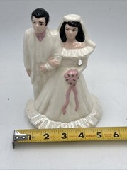 Vtg 1950’s Wedding Cake Topper 7” Bride & Groom Ceramic Iridescent Dress Pink