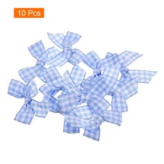 10Pcs Mini Gingham Ribbon Bow 1.5″ Checkered Fabric Satin Light Blue and White