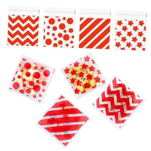 Christmas Cellophane Treat Bags, 100 Pcs Xmas Cookie Goodie Bags with Seal, Red