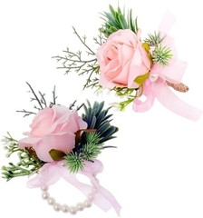 Artificial Pink Rose Corsage Bracelet Set, 2 Pack, Wedding Accessories
