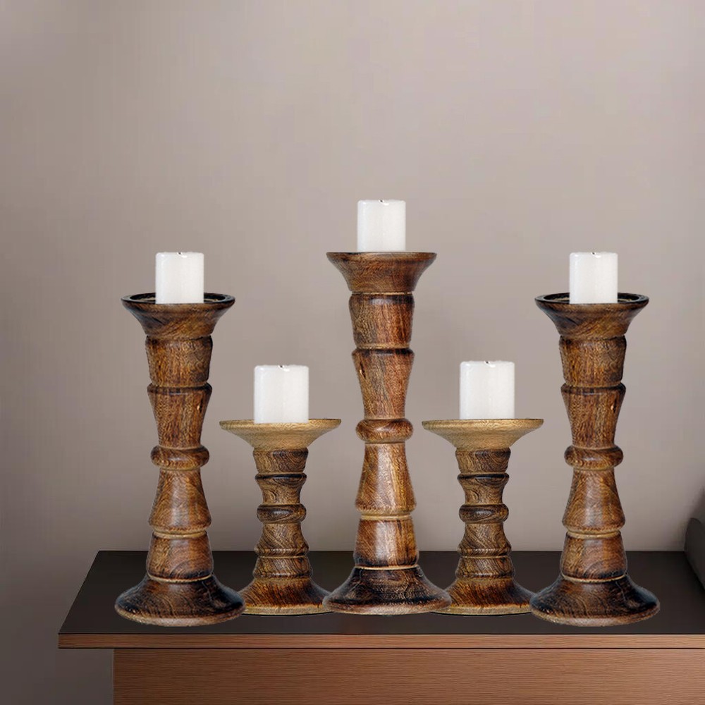 Handmade Eco-Friendly Medium Burnt Mango Wood Set Of Five Pillar Candle Holder