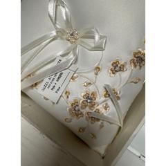 ivory Satin Ring Bearer Pillow taupe embroidered Floral Rhinestone Bow Wedding