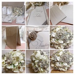 Vtg Wedding Handmade Brooch Bouquet Flowers~Rhinestones~+Table Tents Bridal Lot